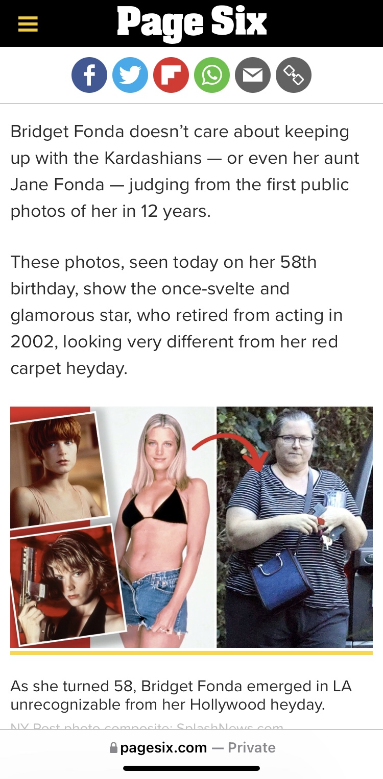 Bridgette Fonda, age 58, featured in Gossip mags, is used by media to promote youth worship and I am a&nbsp;sufferer