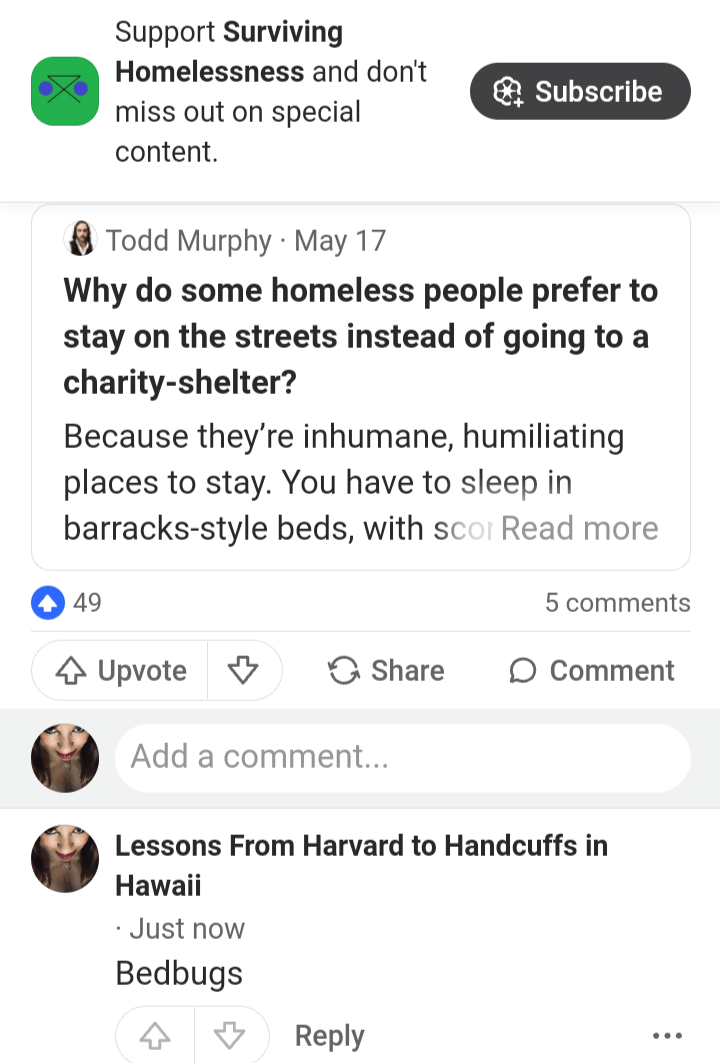 Why do homeless people prefer the streets to shelters? One word&nbsp;answer.